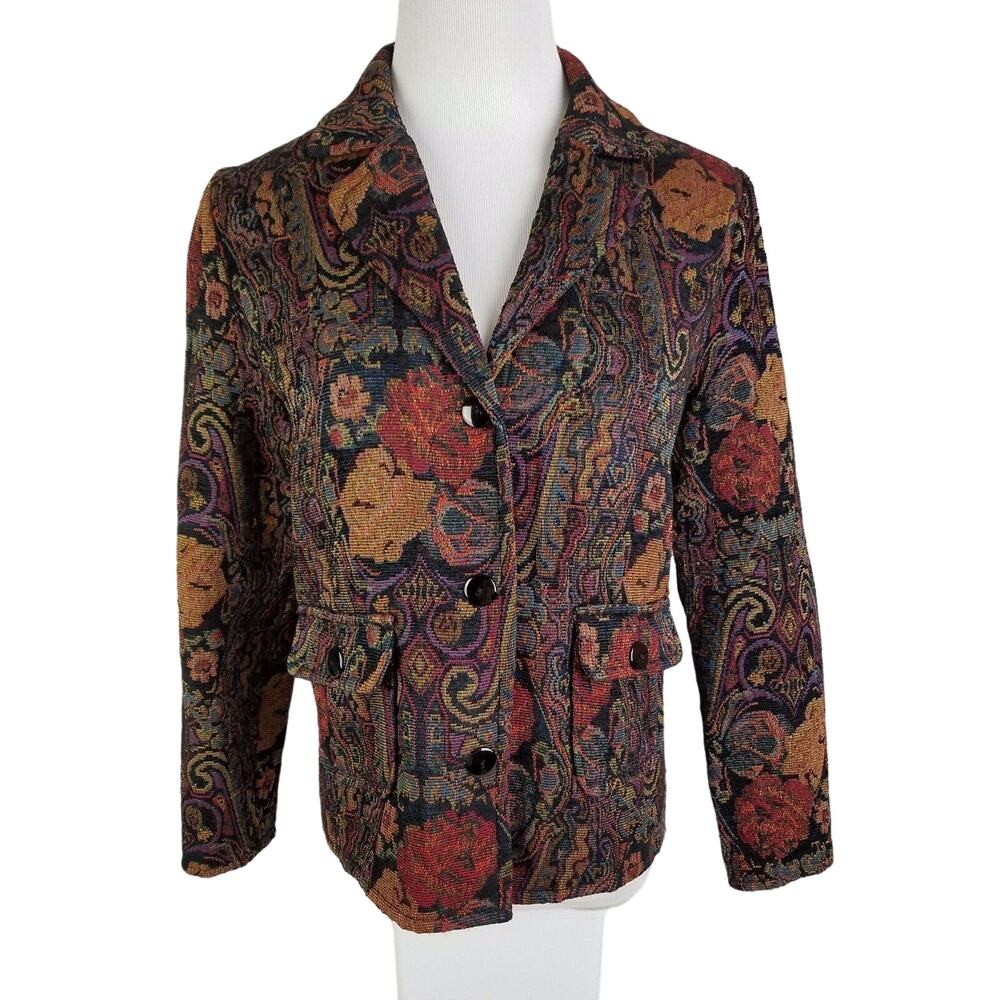 Sarah Bentley Tapestry Blazer Jacket Career 3-Button Sz PS Floral Motif Vintage
